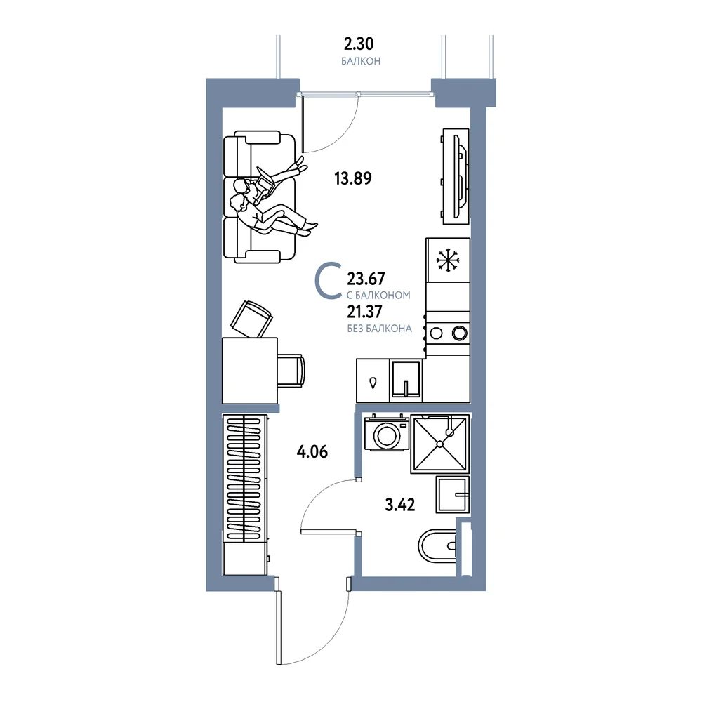 Планировка: Остров-сад Студия 23,67м²