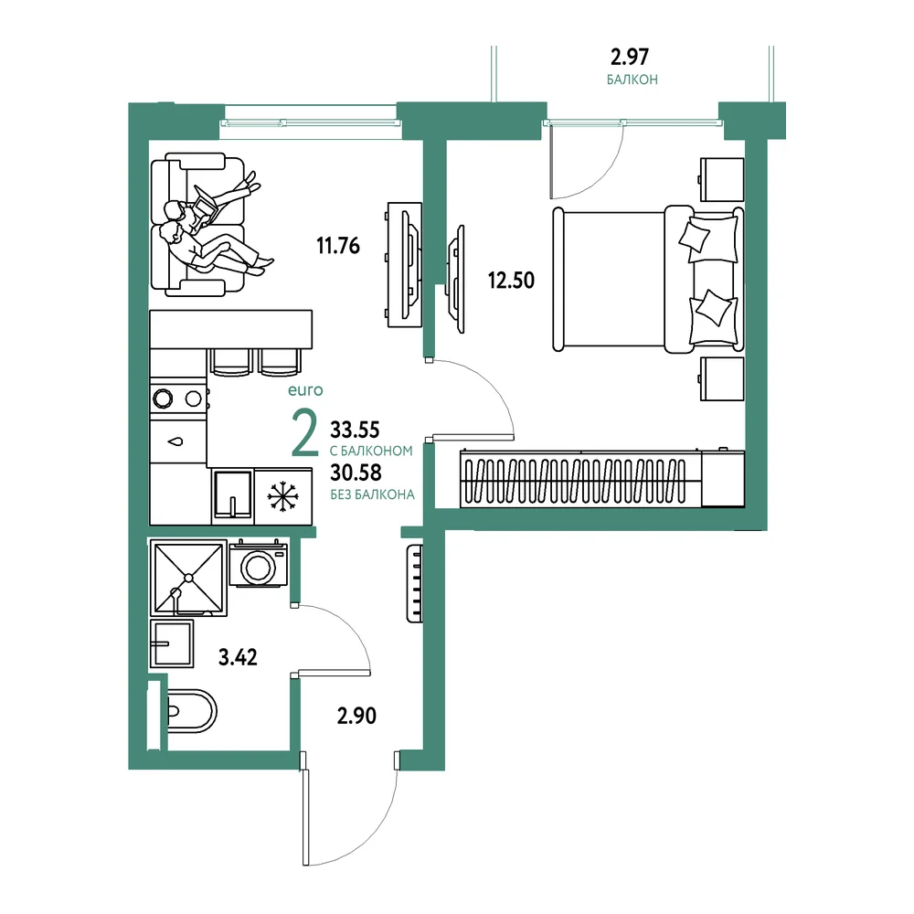 Планировка: Остров-сад 2-комнатная 33,55м²