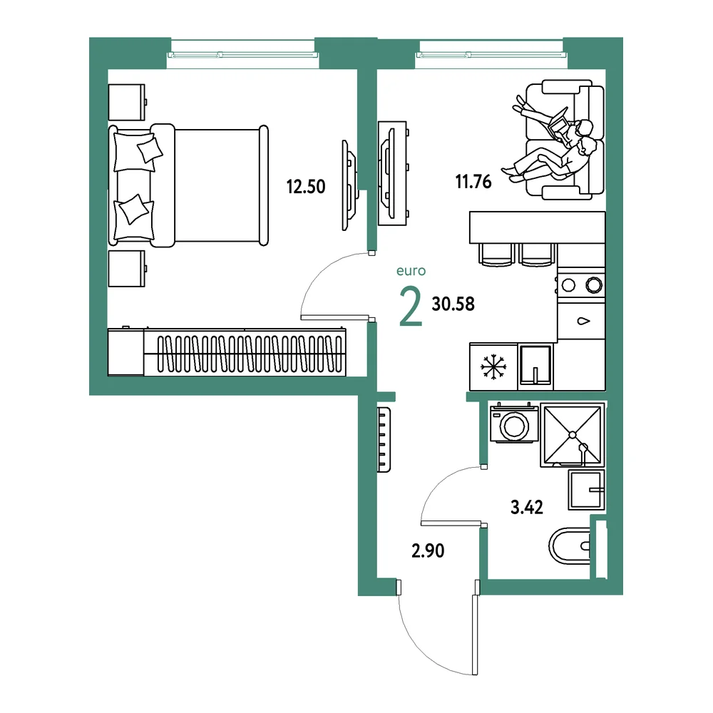 Планировка: Остров-сад 2-комнатная 30,58м²