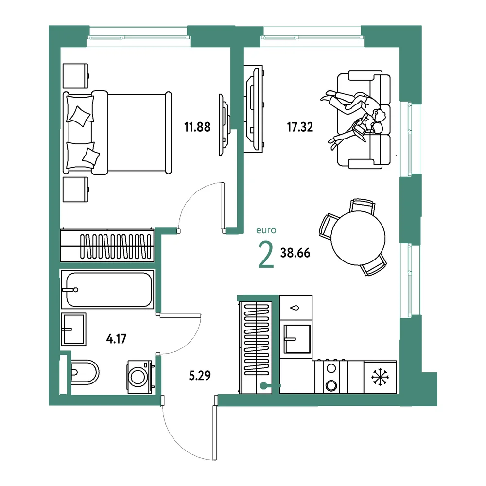 Планировка: Остров-сад 2-комнатная 38,66м²