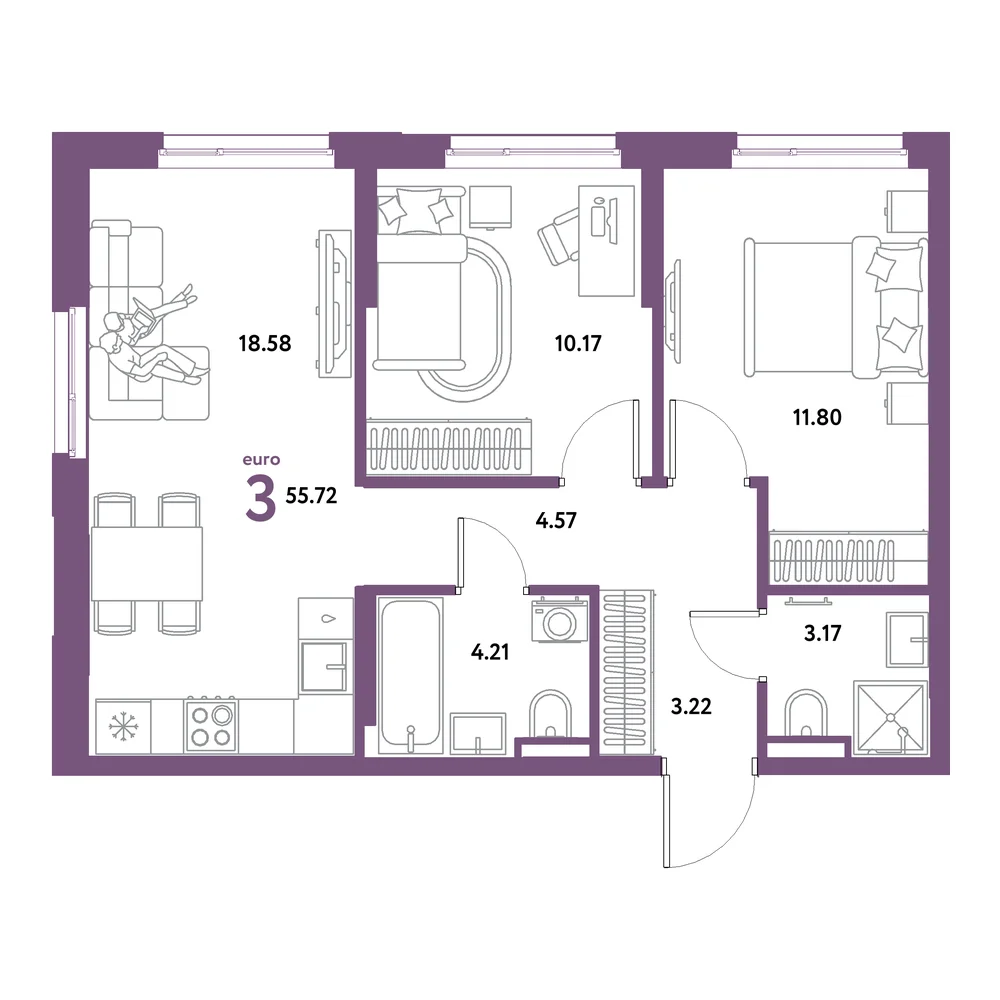 Планировка: Остров-сад 3-комнатная 55,72м²