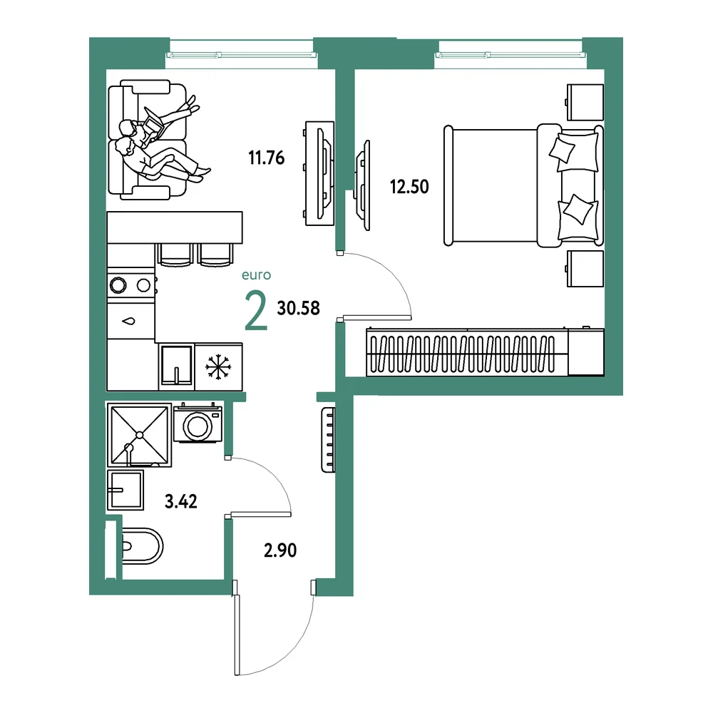 Планировка: Остров-сад 2-комнатная 30,58м²