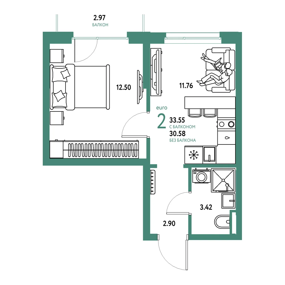 Планировка: Остров-сад 2-комнатная 33,55м²