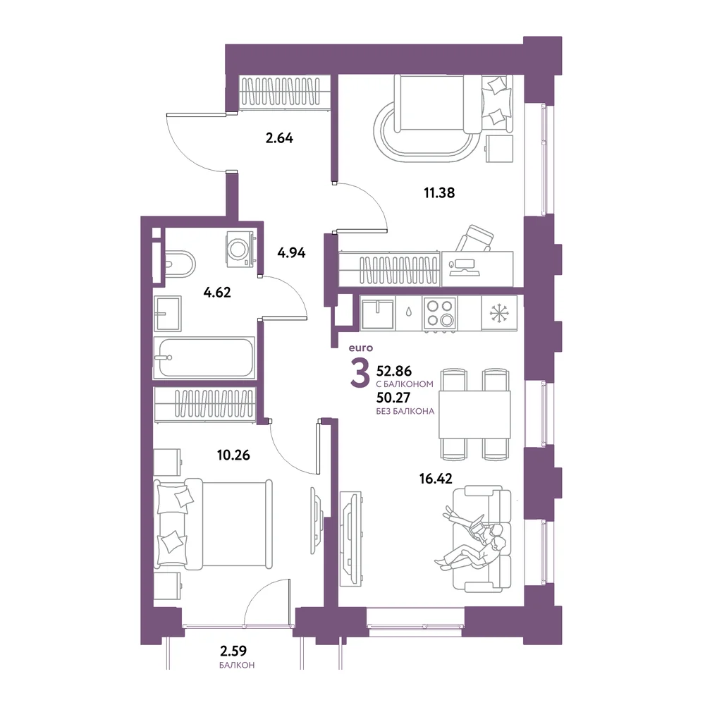 Планировка: Остров-сад 3-комнатная 52,86м²