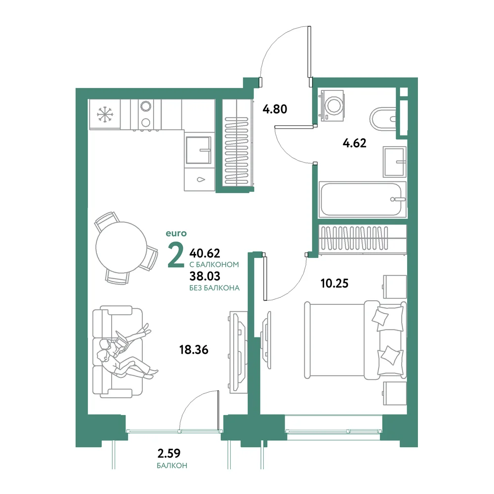 Планировка: Остров-сад 2-комнатная 40,62м²
