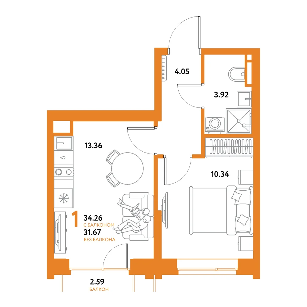 Планировка: Остров-сад 1-комнатная 34,26м²
