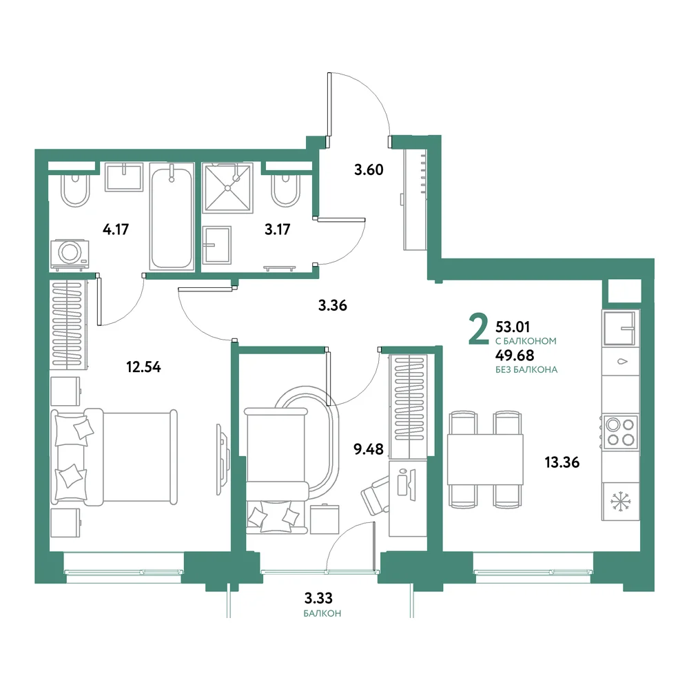 Планировка: Остров-сад 2-комнатная 53,01м²