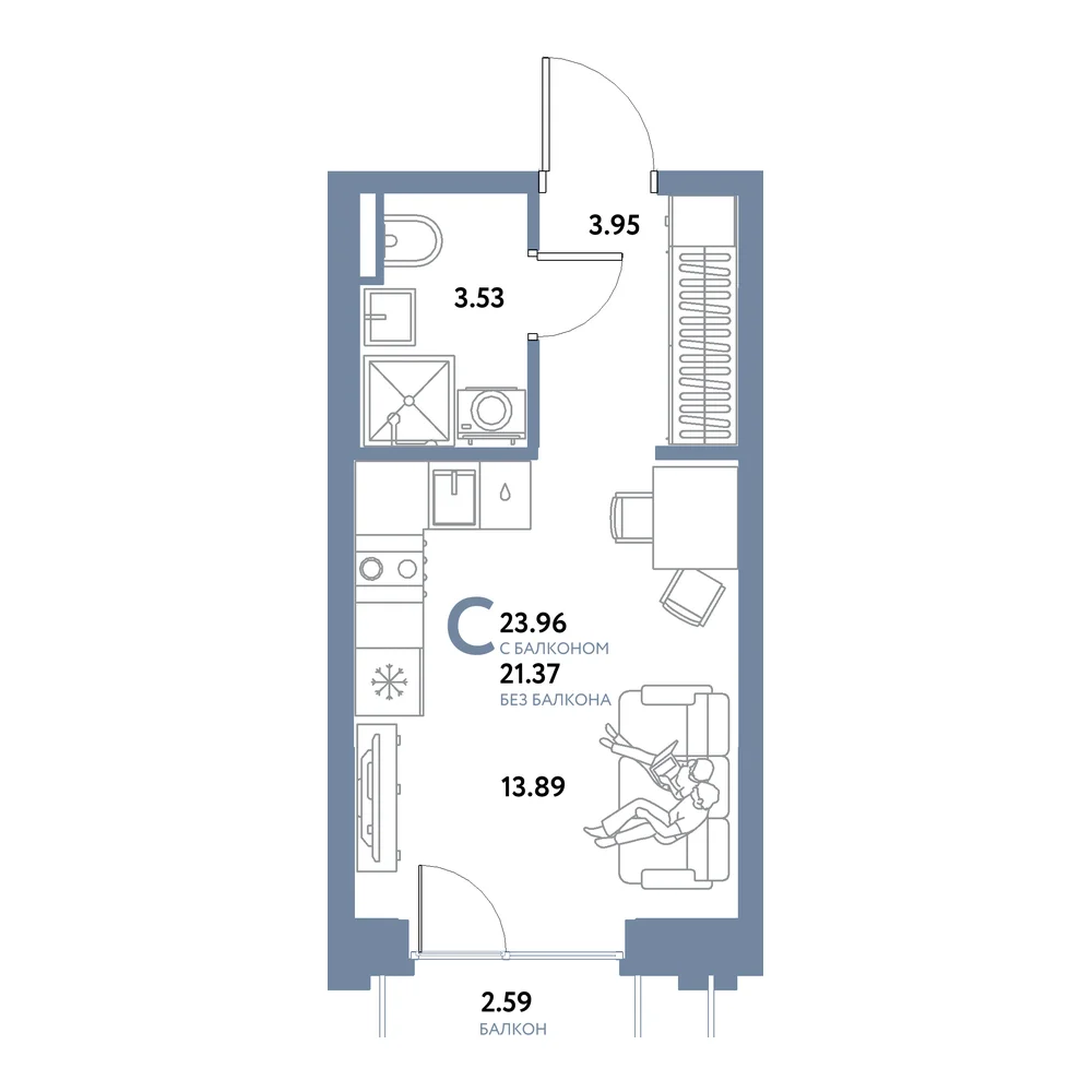 Планировка: Остров-сад Студия 23,96м²