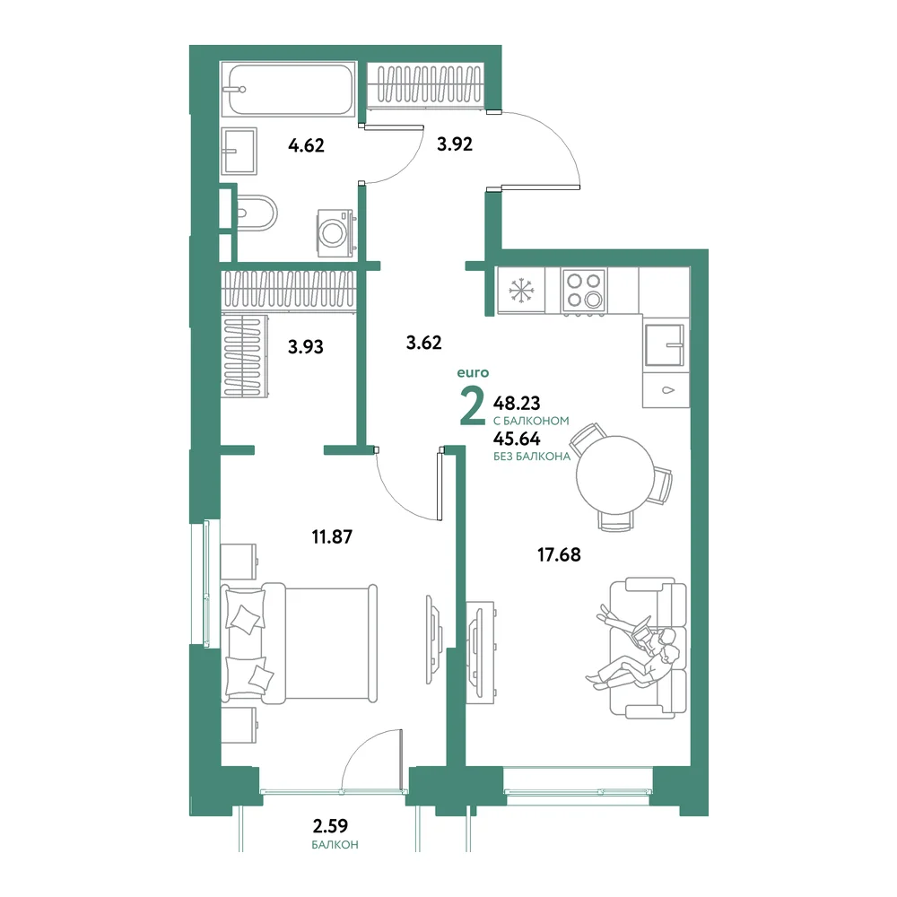 Планировка: Остров-сад 2-комнатная 48,23м²