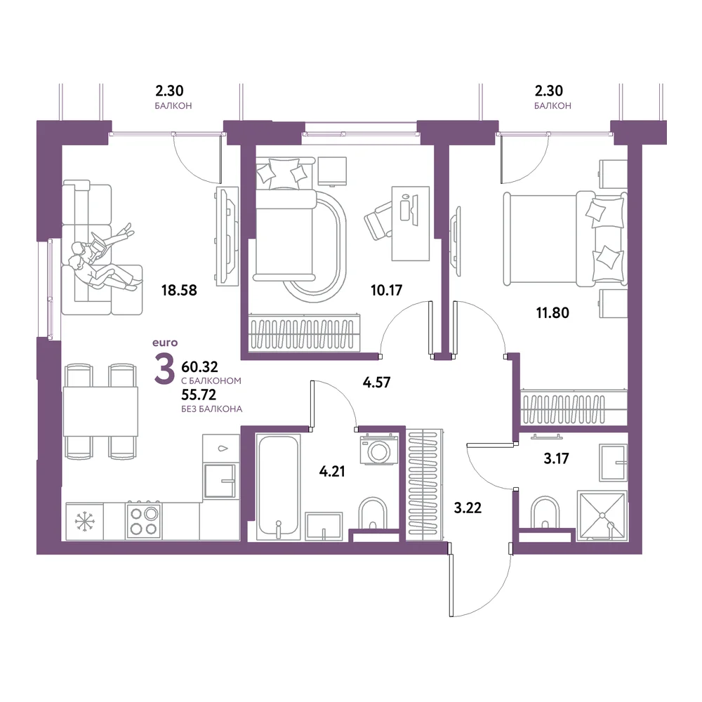 Планировка: Остров-сад 3-комнатная 60,32м²