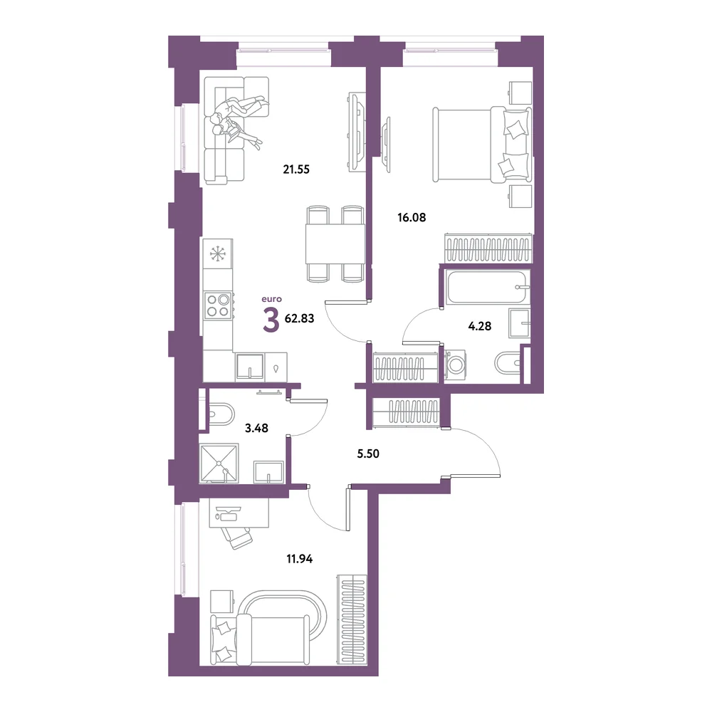 Планировка: Остров-сад 3-комнатная 62,83м²