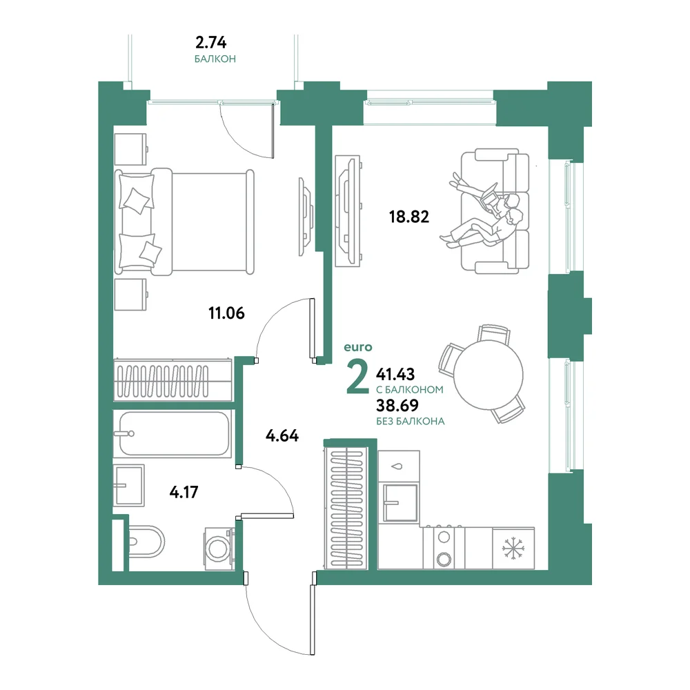 Планировка: Остров-сад 2-комнатная 41,43м²