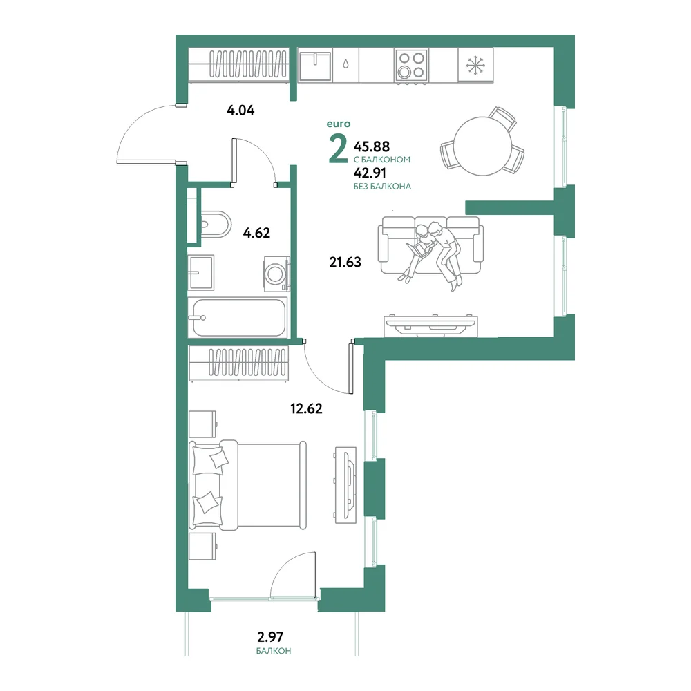Планировка: Остров-сад 2-комнатная 45,88м²