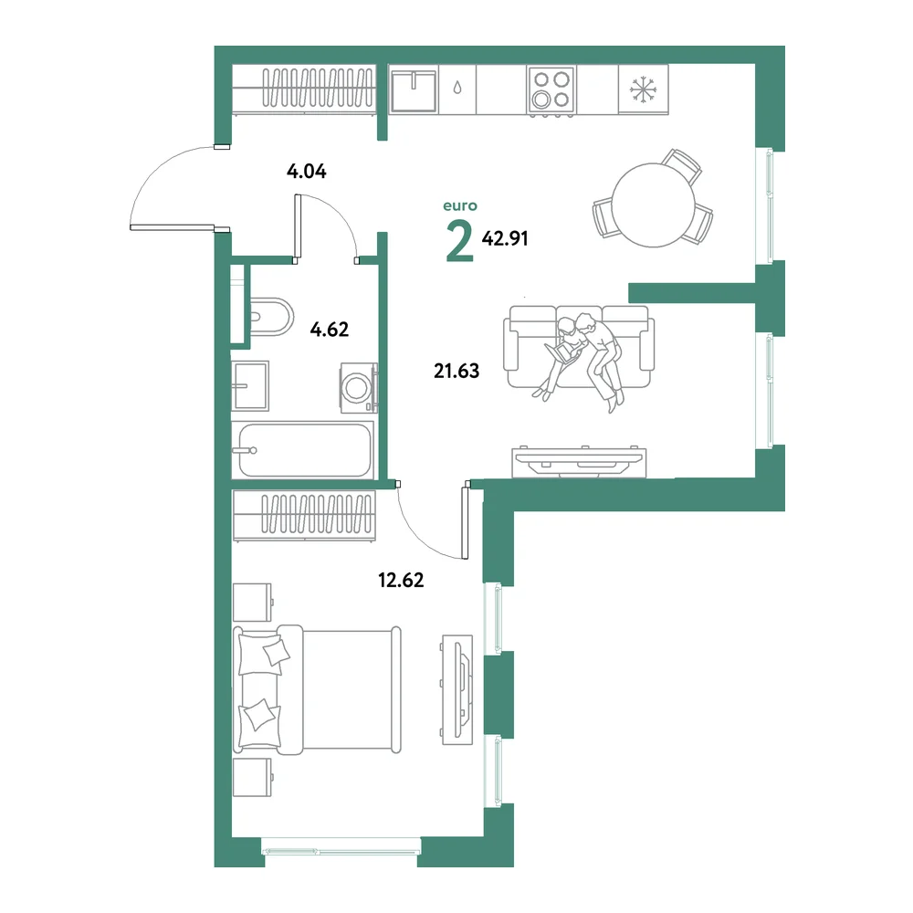 Планировка: Остров-сад 2-комнатная 42,91м²