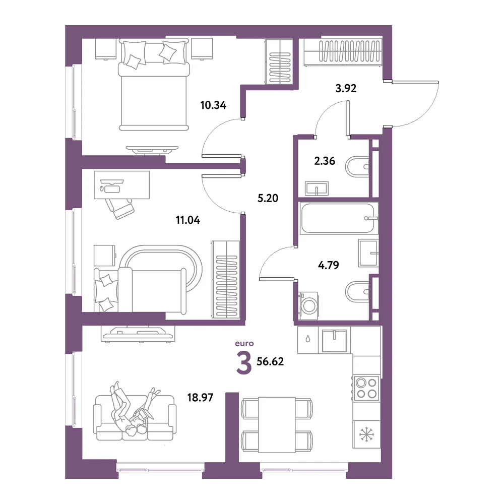 Планировка: Остров-сад 3-комнатная 56,62м²