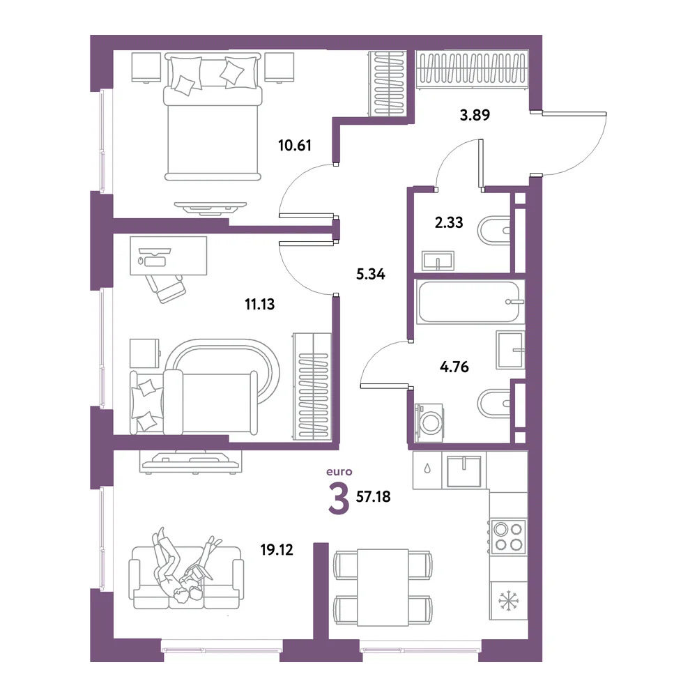 Планировка: Остров-сад 3-комнатная 57,18м²