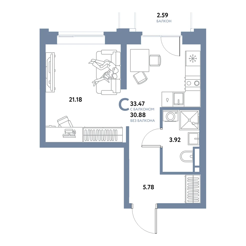 Планировка: Остров-сад Студия 33,47м²