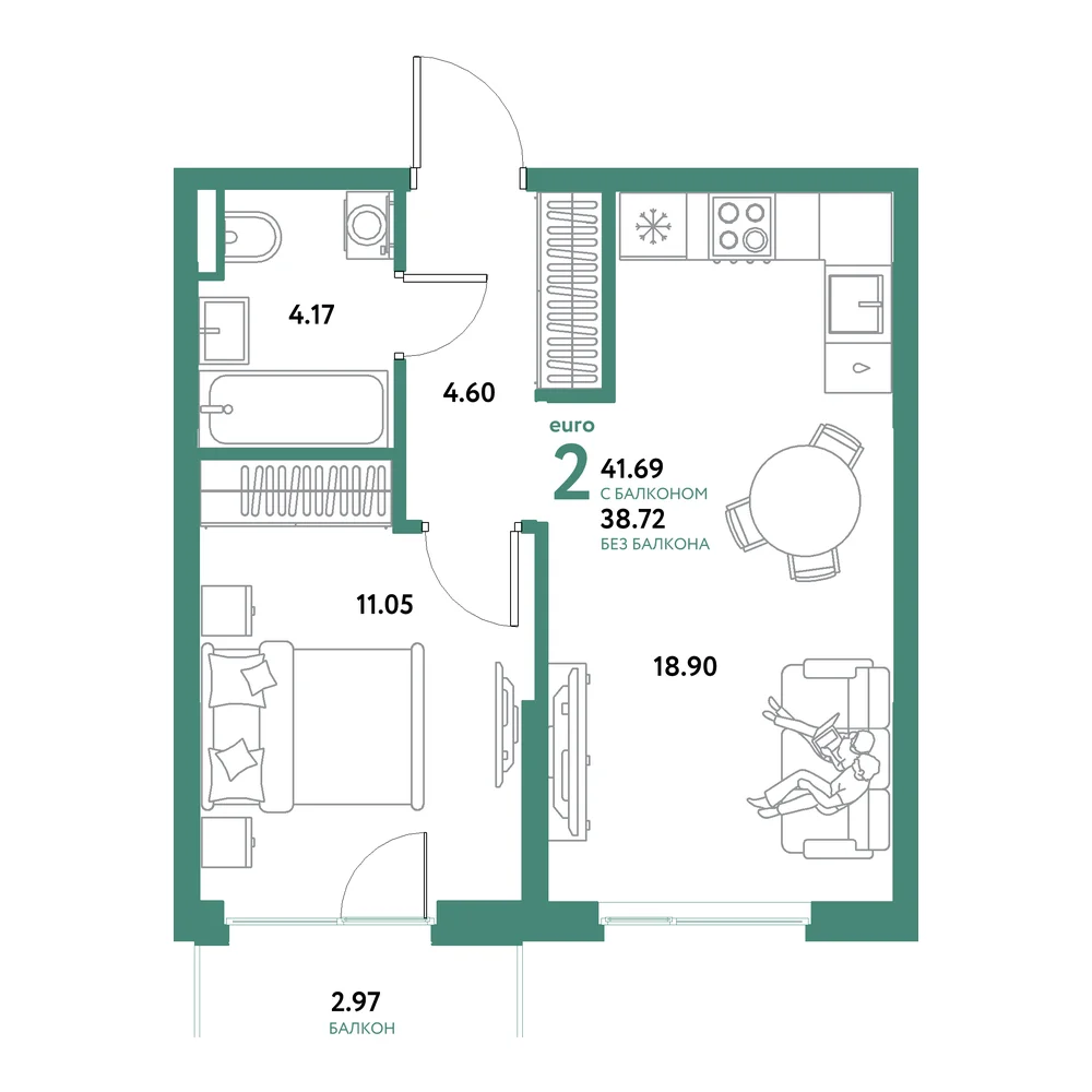 Планировка: Остров-сад 2-комнатная 41,69м²