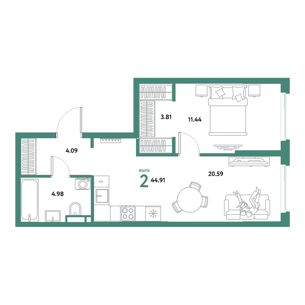Планировка: Остров-сад 2-комнатная 44,91м²