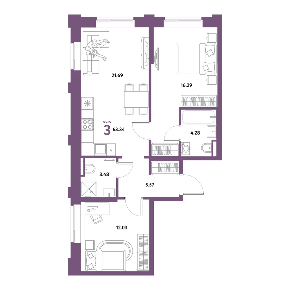 Планировка: Остров-сад 3-комнатная 63,34м²