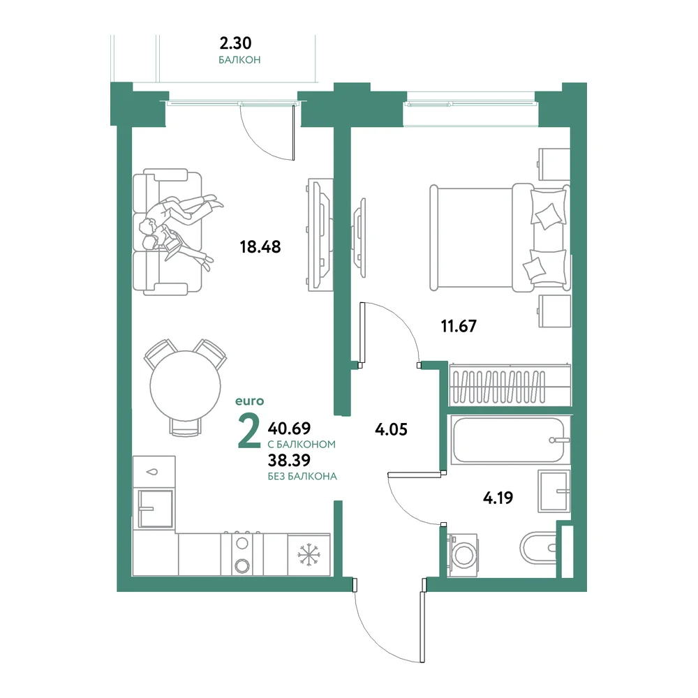 Планировка: Остров-сад 2-комнатная 40,69м²