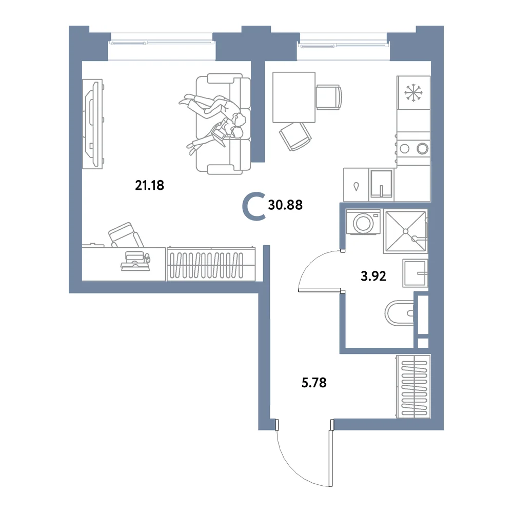 Планировка: Остров-сад Студия 30,88м²