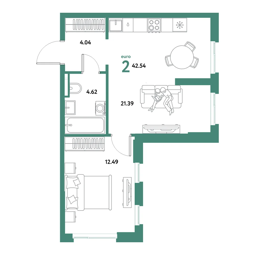 Планировка: Остров-сад 2-комнатная 42,54м²