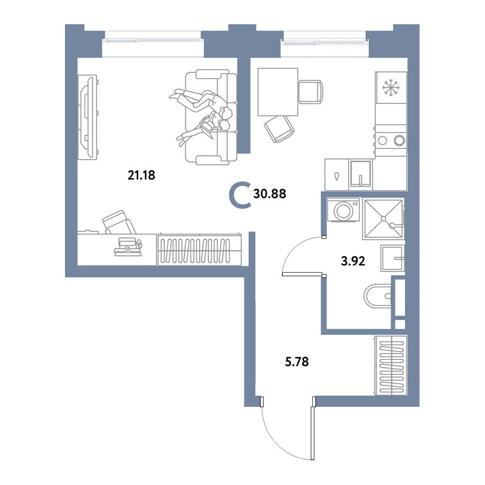 Планировка: Остров-сад Студия 30,88м²