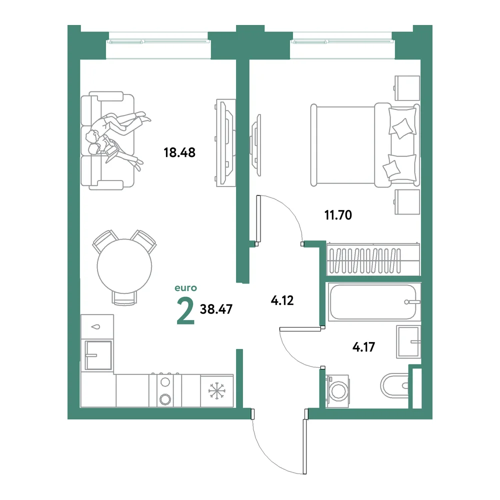 Планировка: Остров-сад 2-комнатная 38,47м²