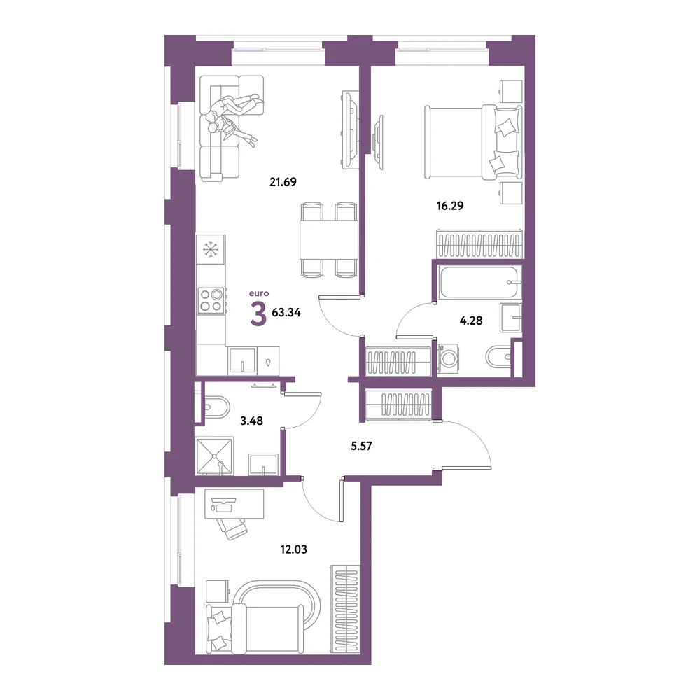 Планировка: Остров-сад 3-комнатная 63,34м²
