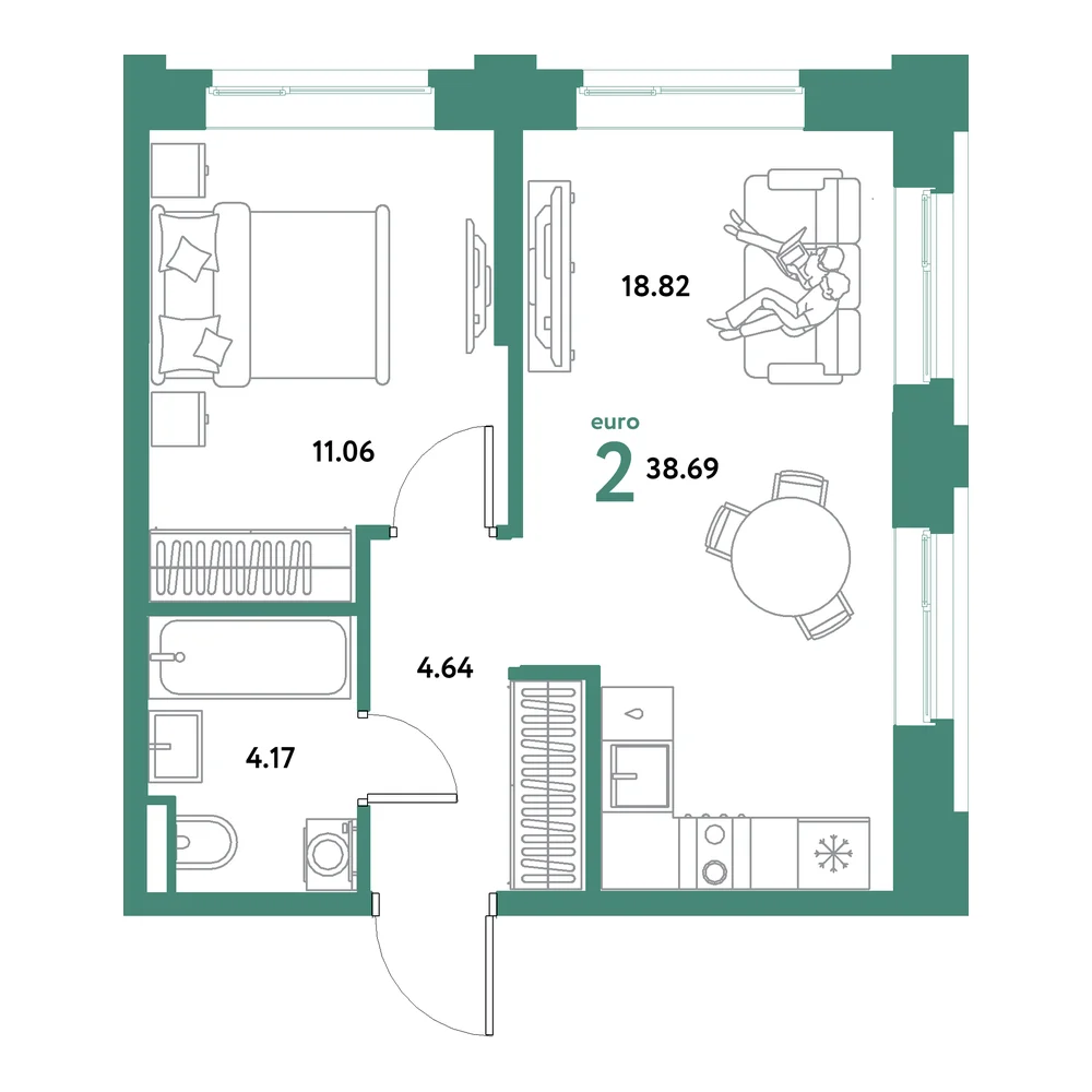 Планировка: Остров-сад 2-комнатная 38,69м²