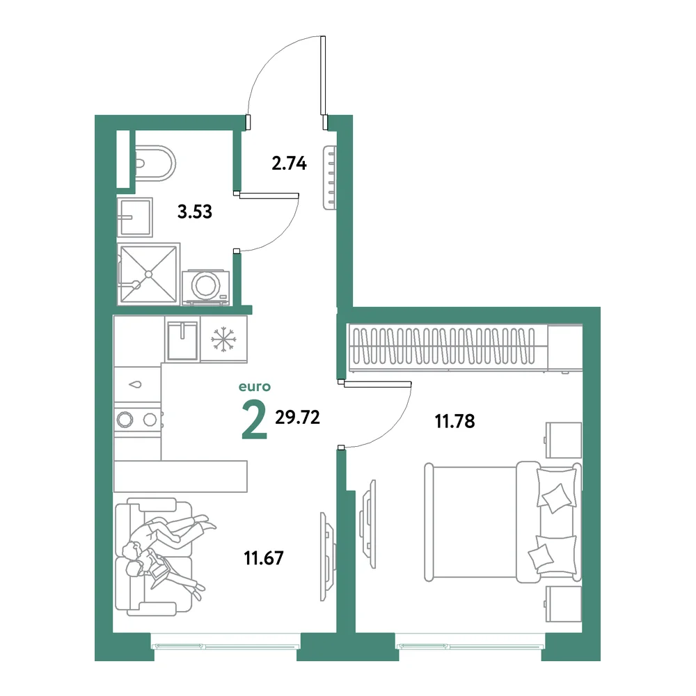 Планировка: Остров-сад 2-комнатная 29,72м²
