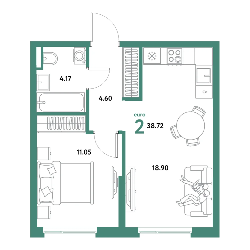Планировка: Остров-сад 2-комнатная 38,72м²