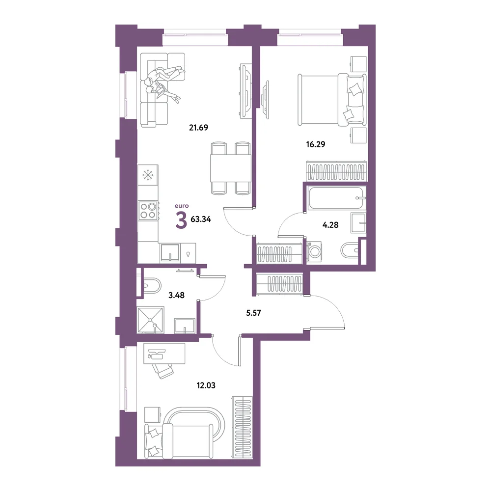 Планировка: Остров-сад 3-комнатная 63,34м²