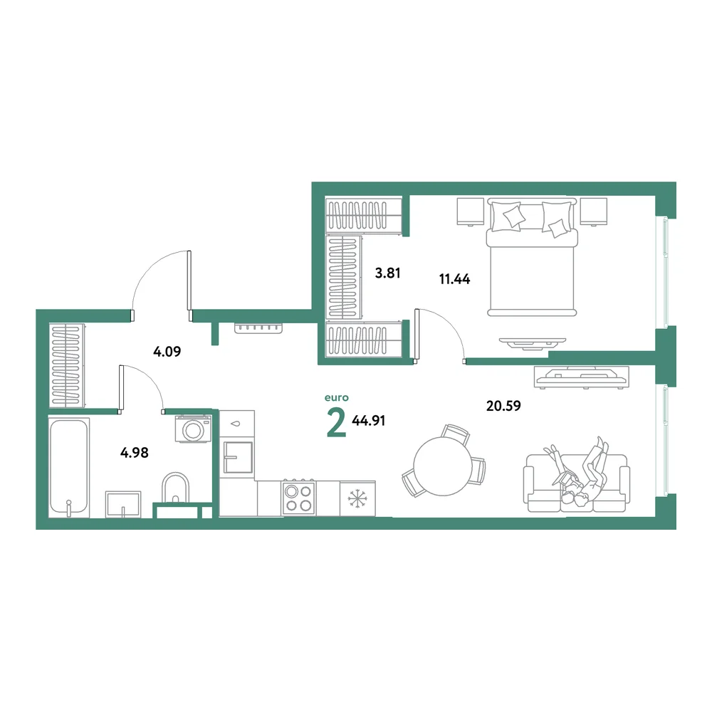 Планировка: Остров-сад 2-комнатная 44,91м²
