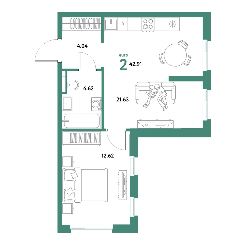 Планировка: Остров-сад 2-комнатная 42,91м²