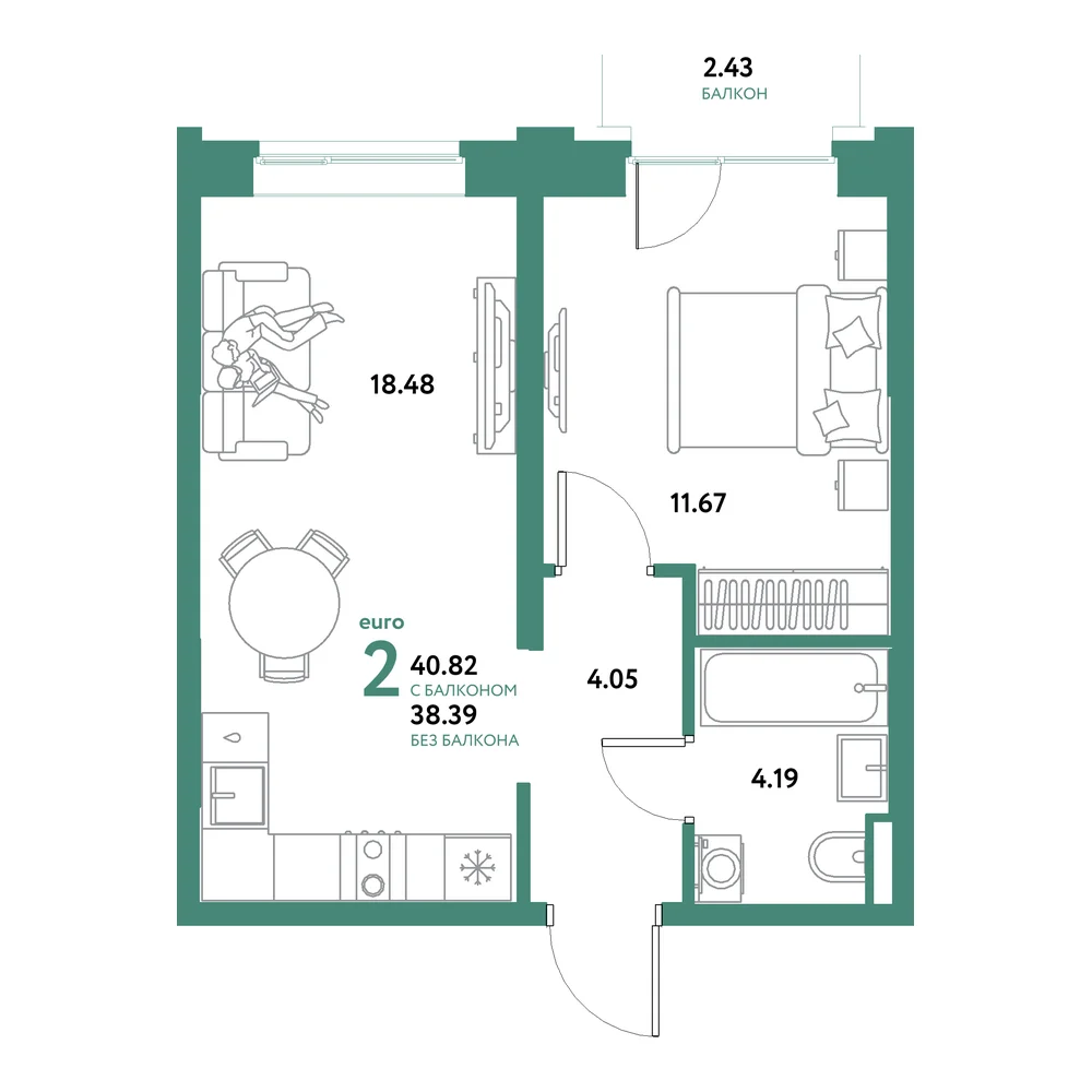 Планировка: Остров-сад 2-комнатная 40,82м²