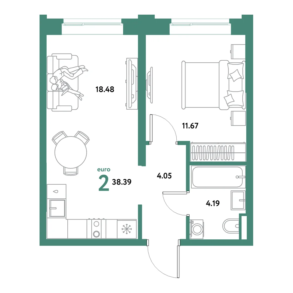 Планировка: Остров-сад 2-комнатная 38,39м²