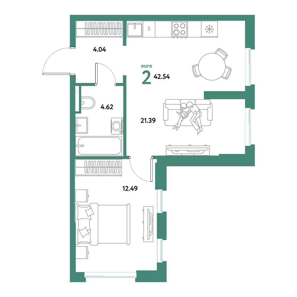 Планировка: Остров-сад 2-комнатная 42,54м²