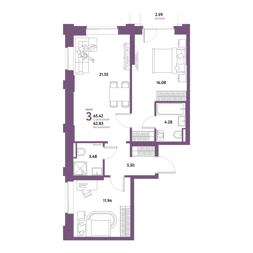 Планировка: Остров-сад 3-комнатная 65,42м²