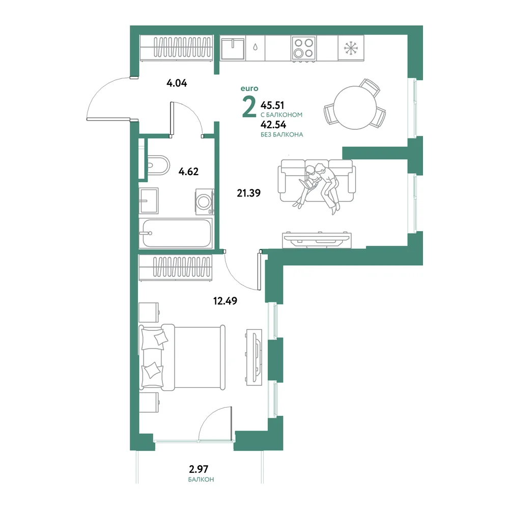 Планировка: Остров-сад 2-комнатная 45,51м²