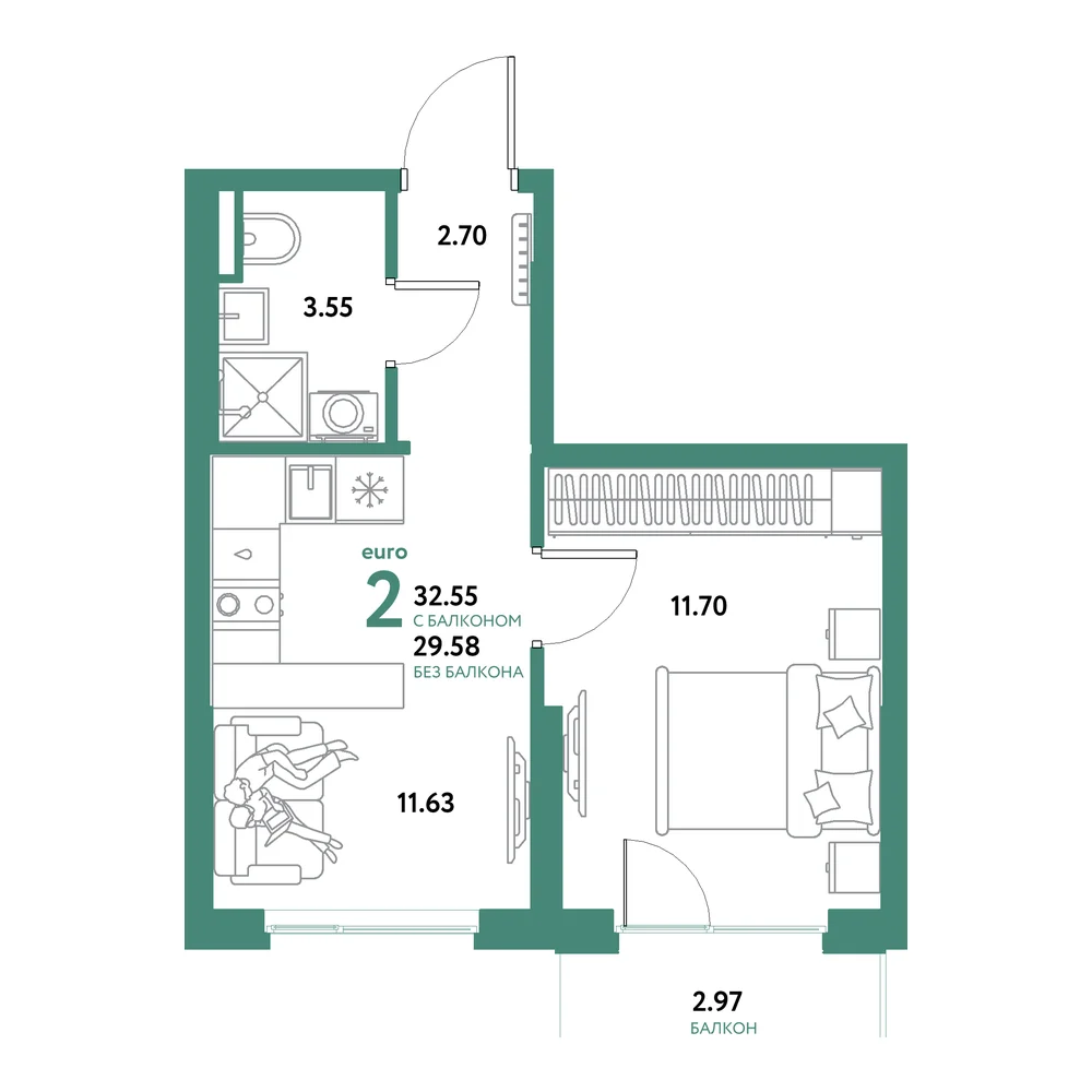 Планировка: Остров-сад 2-комнатная 32,55м²