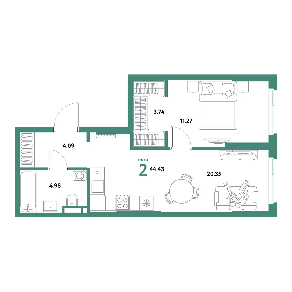 Планировка: Остров-сад 2-комнатная 44,43м²