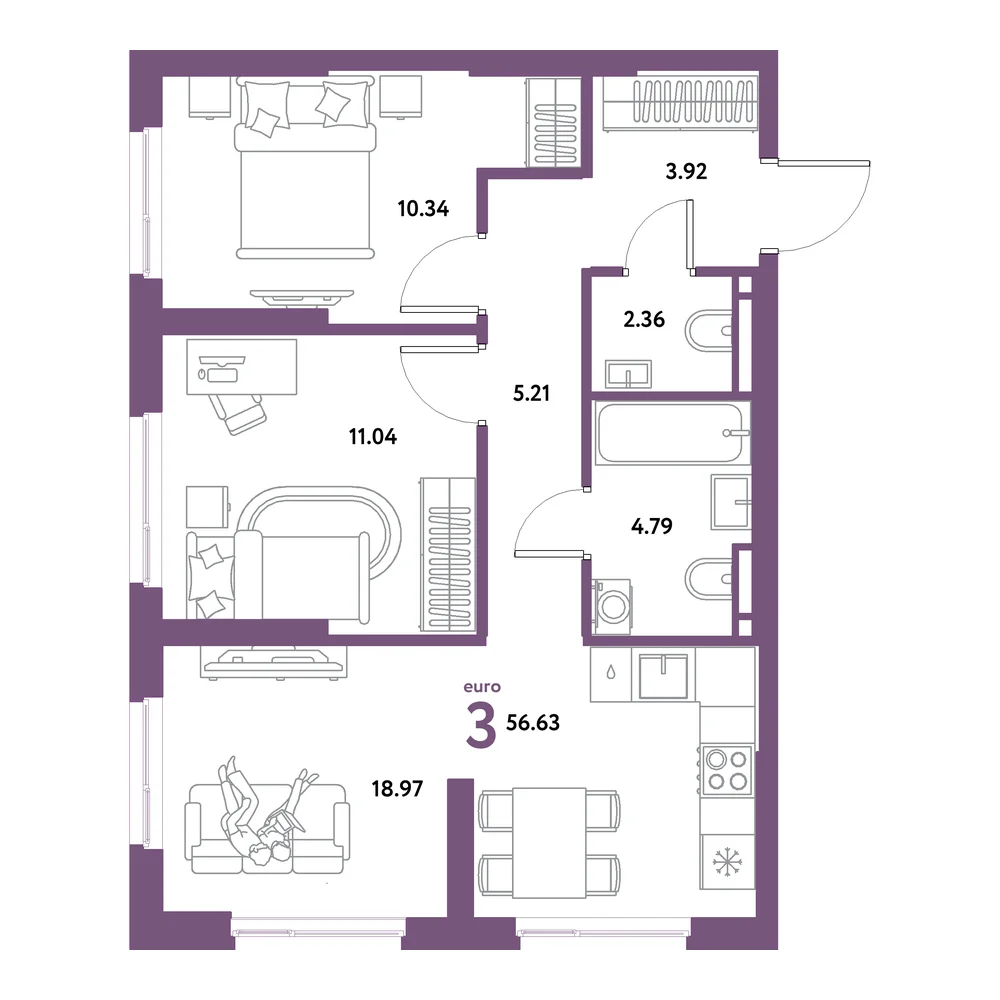 Планировка: Остров-сад 3-комнатная 56,63м²