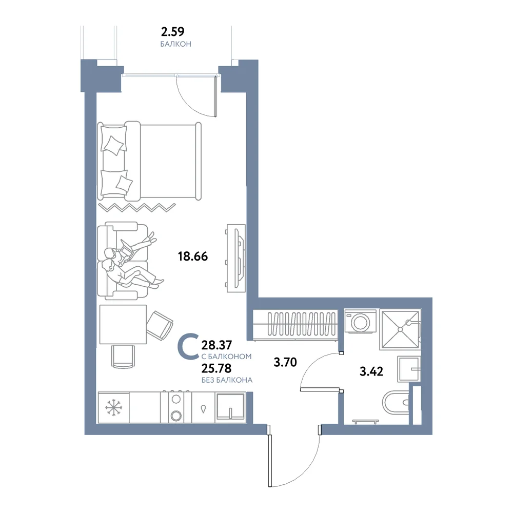 Планировка: Остров-сад Студия 28,37м²