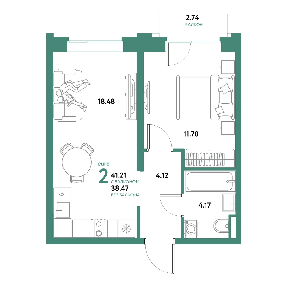 Планировка: Остров-сад 2-комнатная 41,21м²