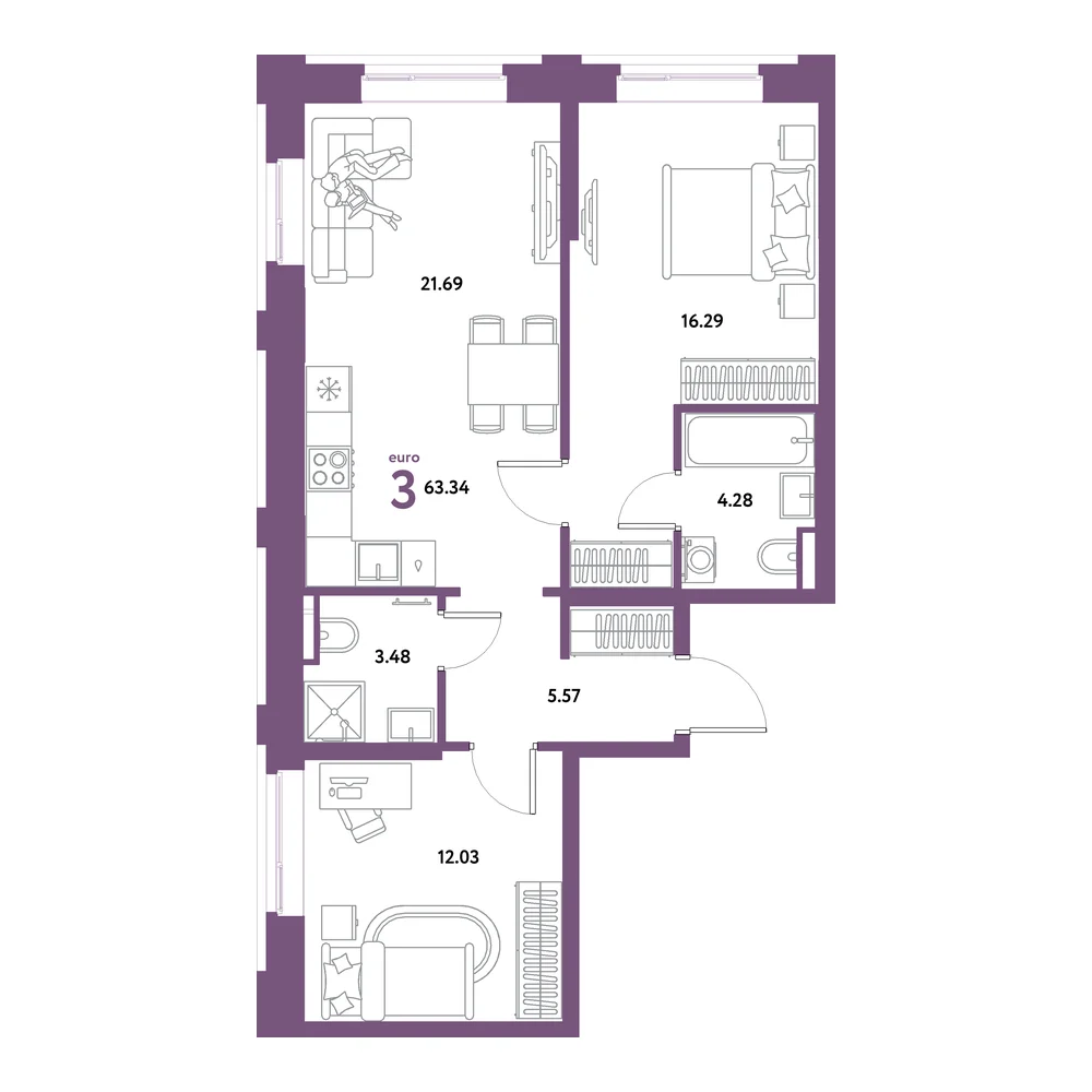 Планировка: Остров-сад 3-комнатная 63,34м²