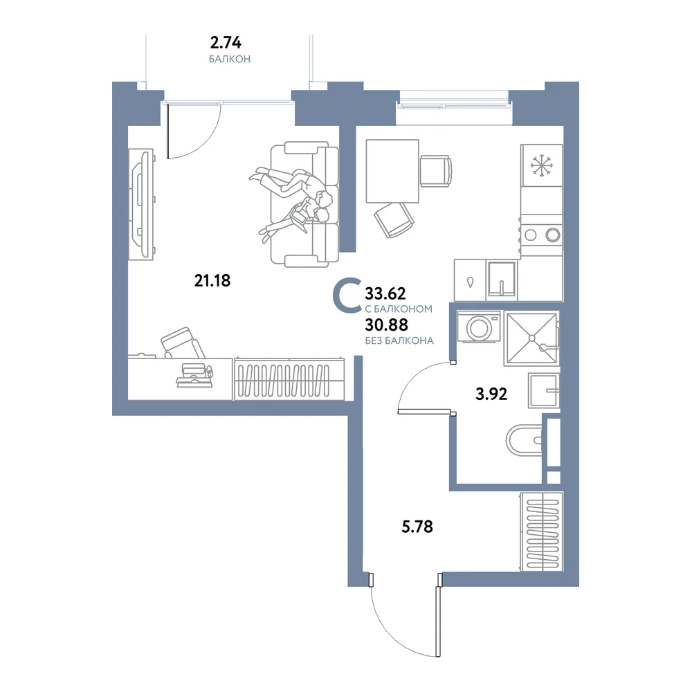 Планировка: Остров-сад Студия 33,62м²