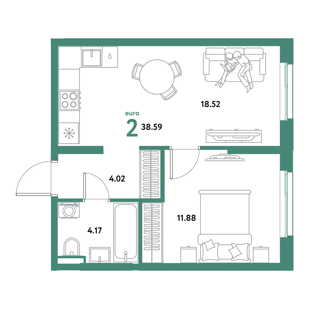 Планировка: Остров-сад 2-комнатная 38,59м²