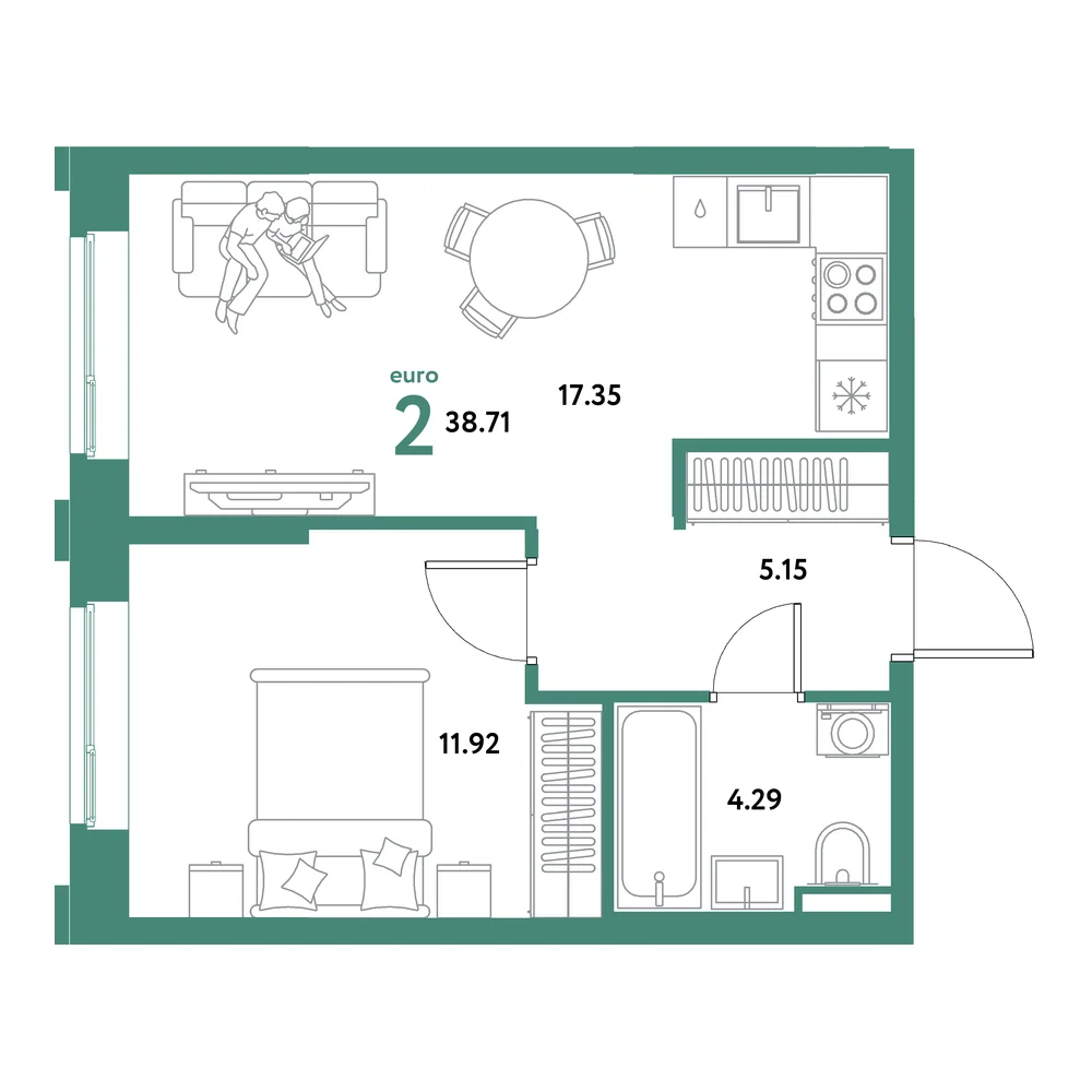 Планировка: Остров-сад 2-комнатная 38,71м²